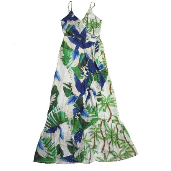 NWT FARM Rio Mixed Palm Wrap Midi in White Blue Parrot Bird Tank Dress XS - Picture 1 of 5